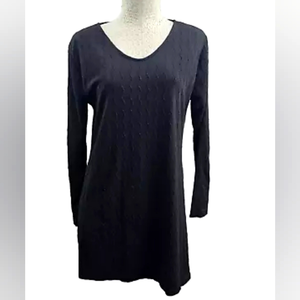 YAK & YETI Black Wave Knit Tunic Shift Shirt Dress Women's M Long Sleeve EUC